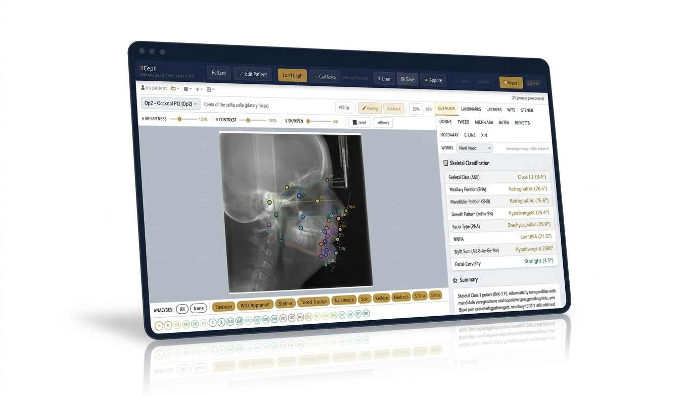 BCeph cephalometric analysis software showing Steiner analysis with landmark tracing on a lateral cephalogram — free, browser-based, no installation